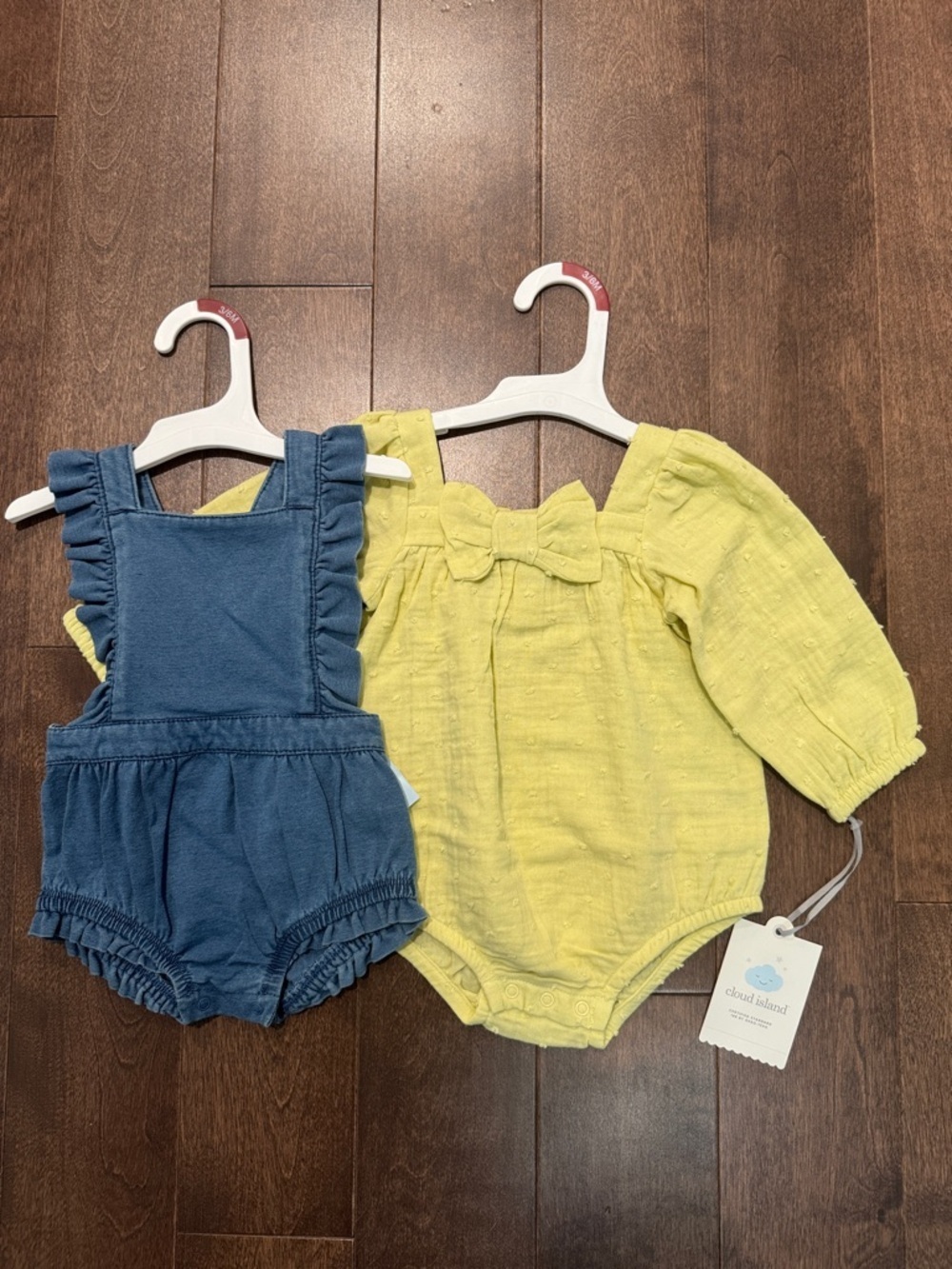 Cloud Island Yellow Bow Romper + Cat & Jack Denim Ruffle Romper 3-6 Months NWT